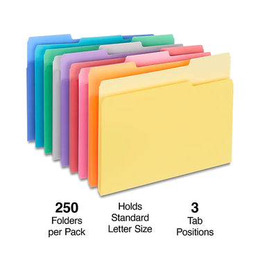 Staples File Folders, 1/3 Cut, Letter Size, Assorted Colors, 250/Box (TR502678)